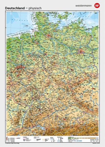 Wandkarte "Deutschland gesamt" physisch/stumme Karte